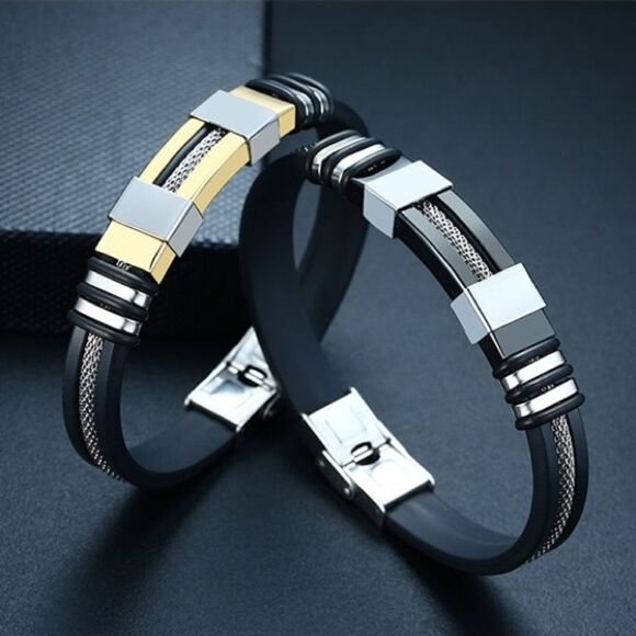 💎OS4💎 Gorgeous Black Silicone Stainless Steel Mens Unisex Bracelet - Picture 5 of 16